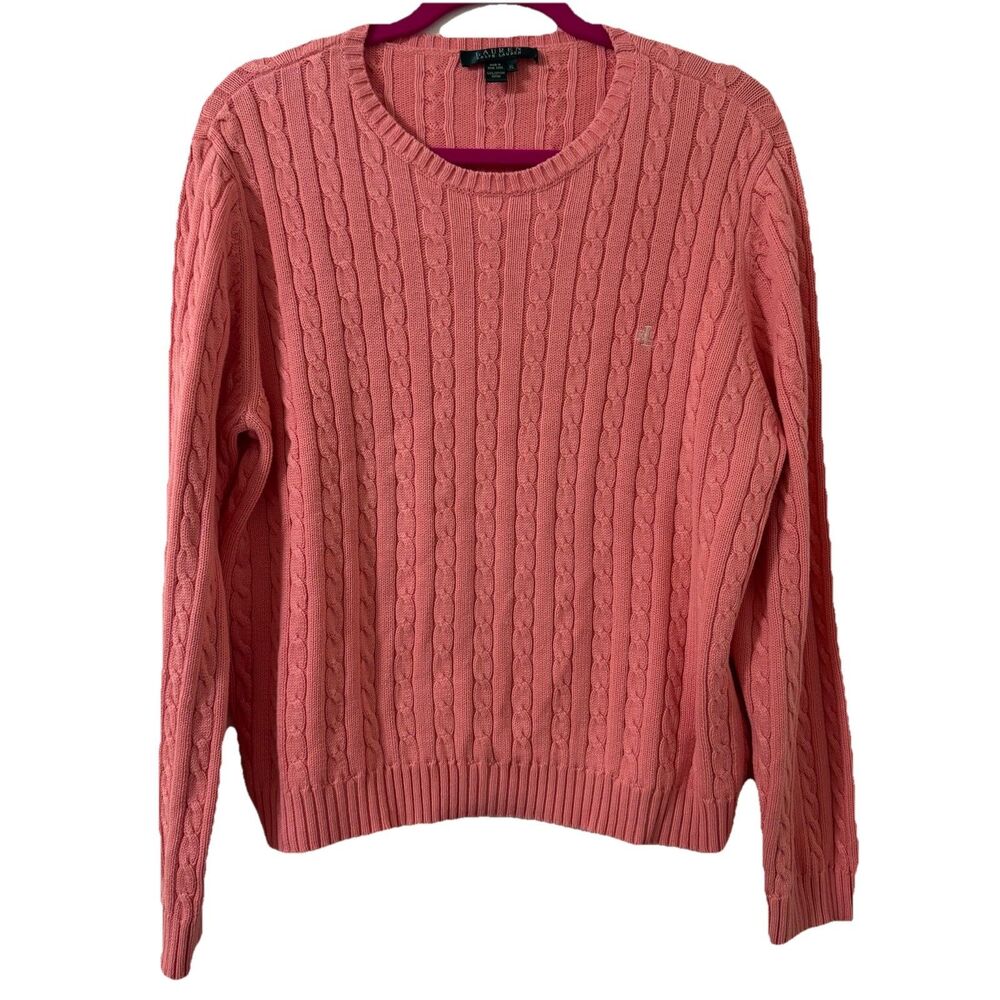 LAUREN RALPH LAUREN Sweater Womens XL Pink Cable Knit Monogram Classic  Cotton